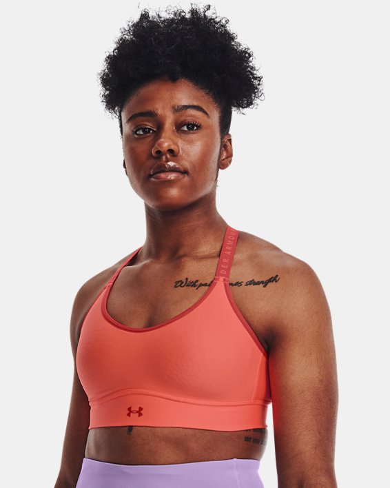 Women's UA Infinity Mid Covered Sports Bra in Orange image number 0